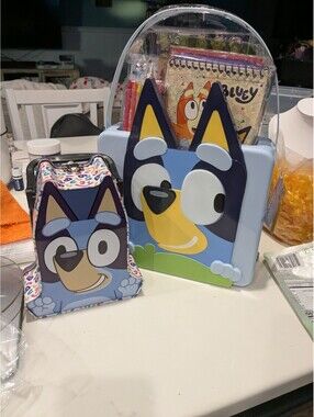 Bluey Creative Caddy With Handle Crayon Stickers Notebook  & Bluey Storage Tin